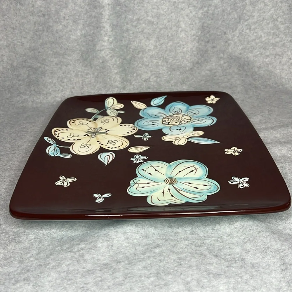 Pier 1 Imports Cassidy Platter Hand Painted Earthenware Brown White Blue Floral